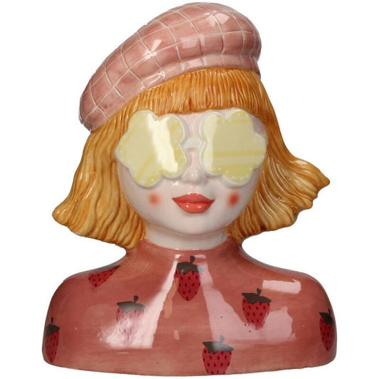 Strawberry Girl Vase - Pink Earthenware Pot - 24 Cm High - Handcrafted Ceramic - Lady Vase