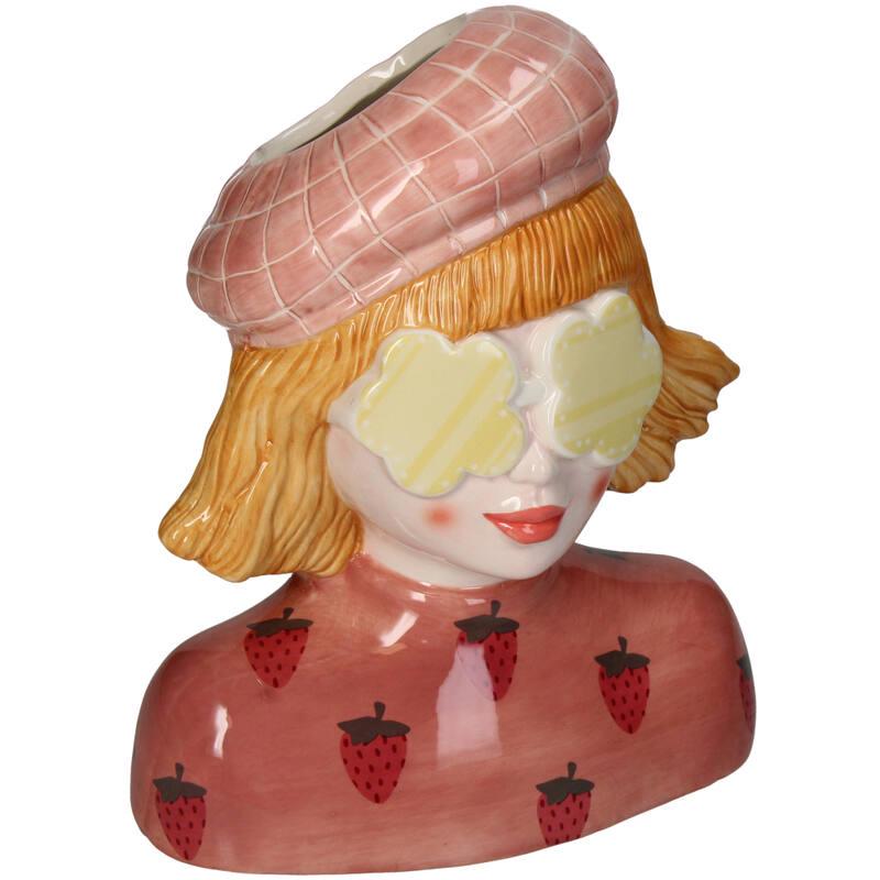 Strawberry Girl Vase - Pink Earthenware Pot - 24 Cm High - Handcrafted Ceramic - Lady Vase
